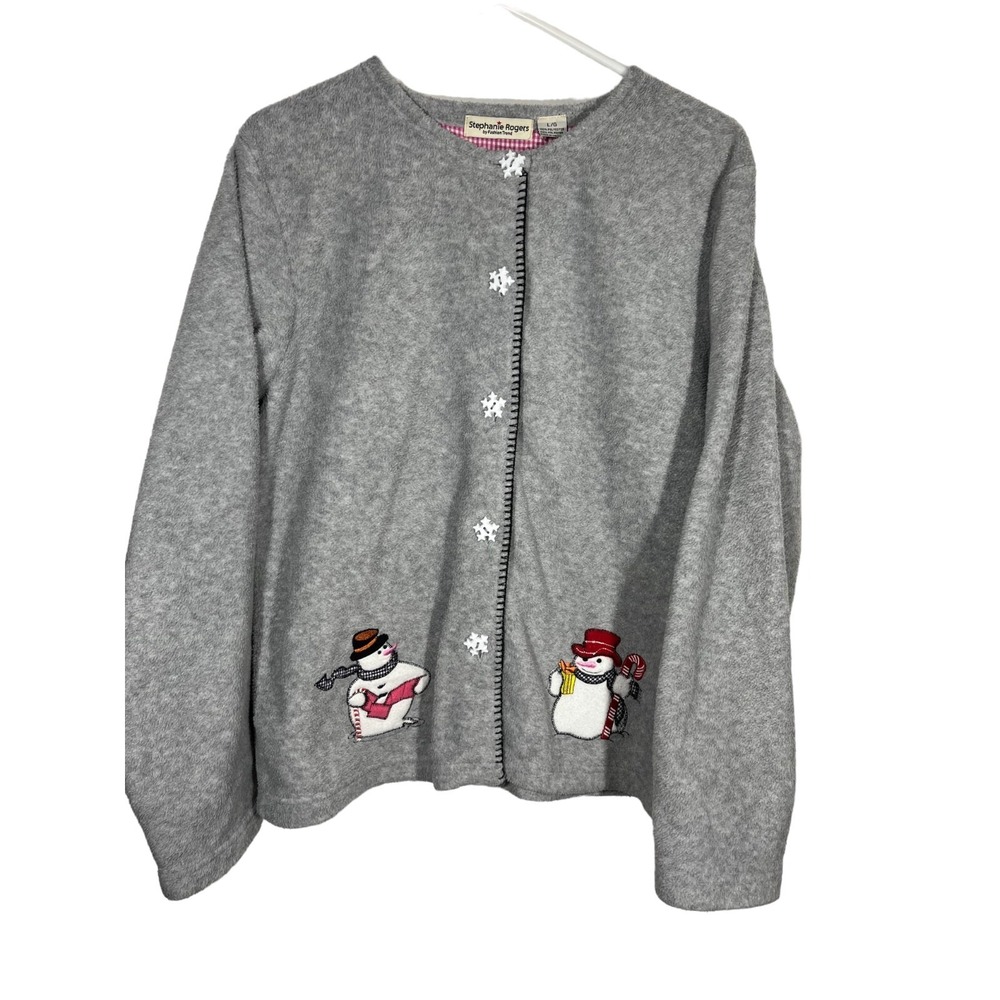 Stephanie Rogers Women's Fleece Cardigan Sweater Holiday‎ Snowman Christmas L